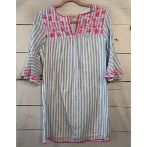 Joy Joy Blue White Stripe Embroidered Bell Sleeve Shift Dress Women XS Neon Pink